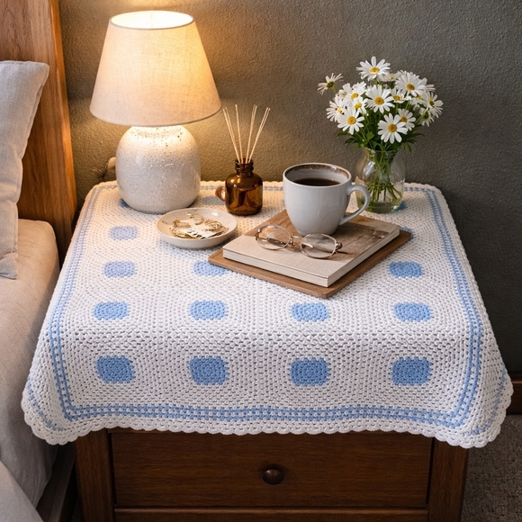 Handmade Blue and White Crochet Nighstand Cover 34" X 35" Grannysquare - Picture 1 of 10